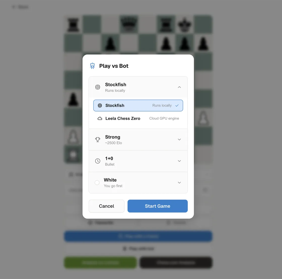 Play vs Bot dialog with Stockfish and Leela Chess Zero