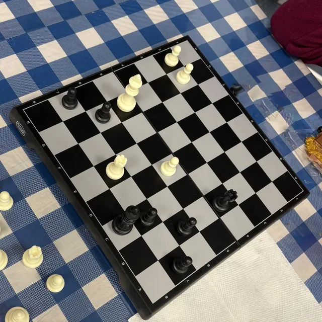 Photo of a magnetic travel board on a checked tablecloth, shot corner-on from Black's side