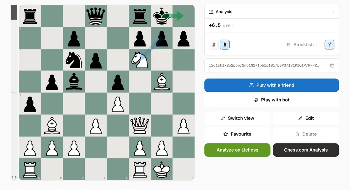 The scanned position with Stockfish's evaluation and best-move arrows on the board