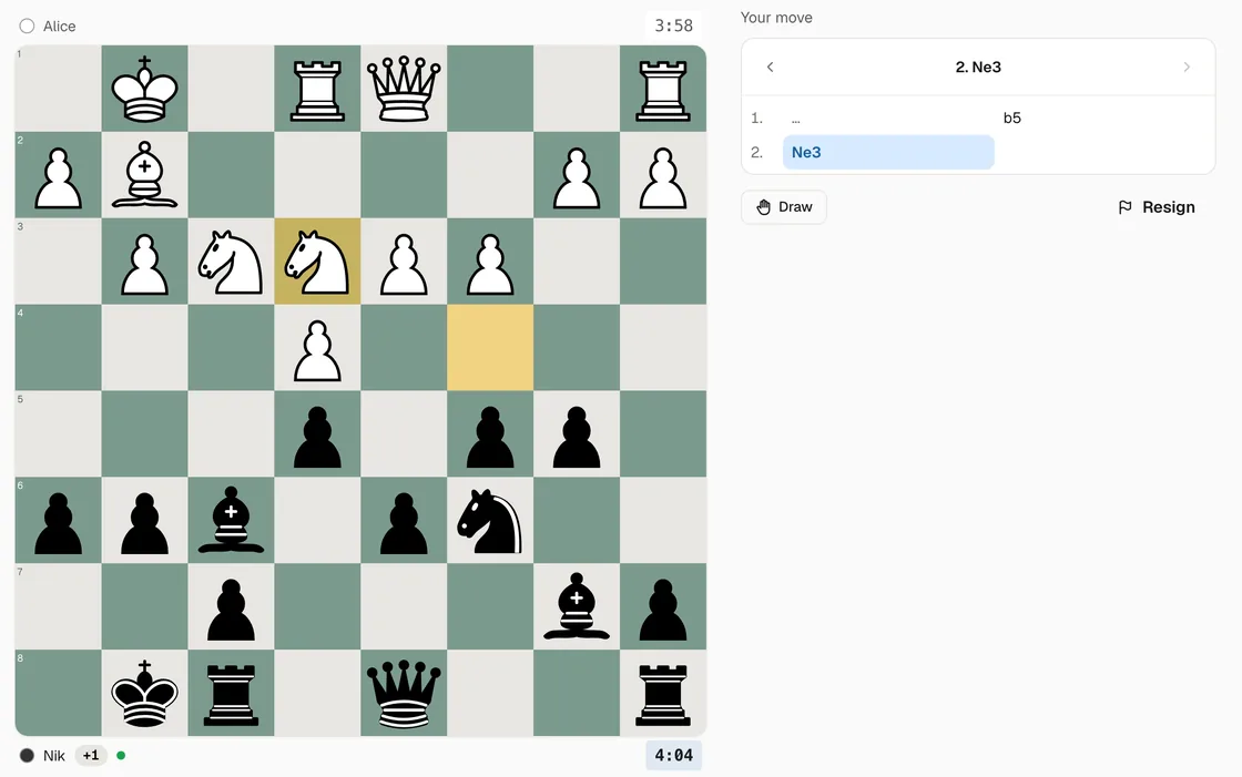 A live game against a friend, played on from the scanned position, with both players' clocks