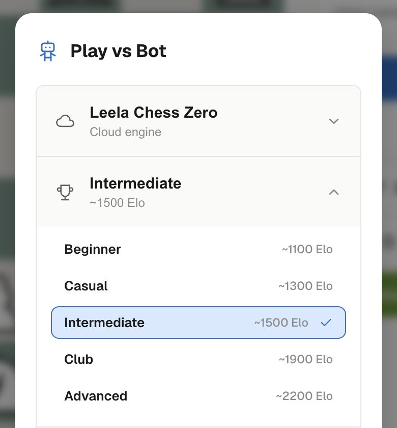 The Play vs Bot screen, with Leela Chess Zero at Intermediate, about 1500 Elo