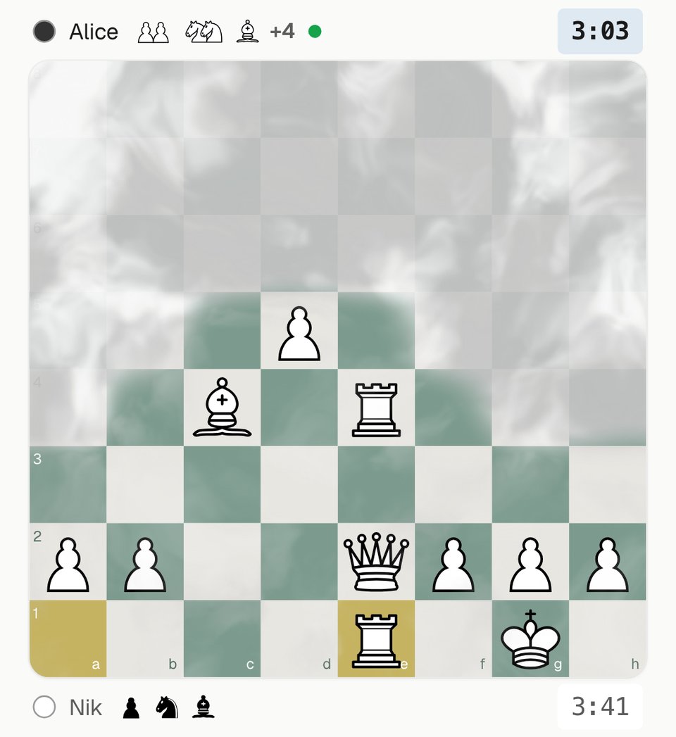 Memory Loss: the opponent's pieces hidden under a pale mist on their turn