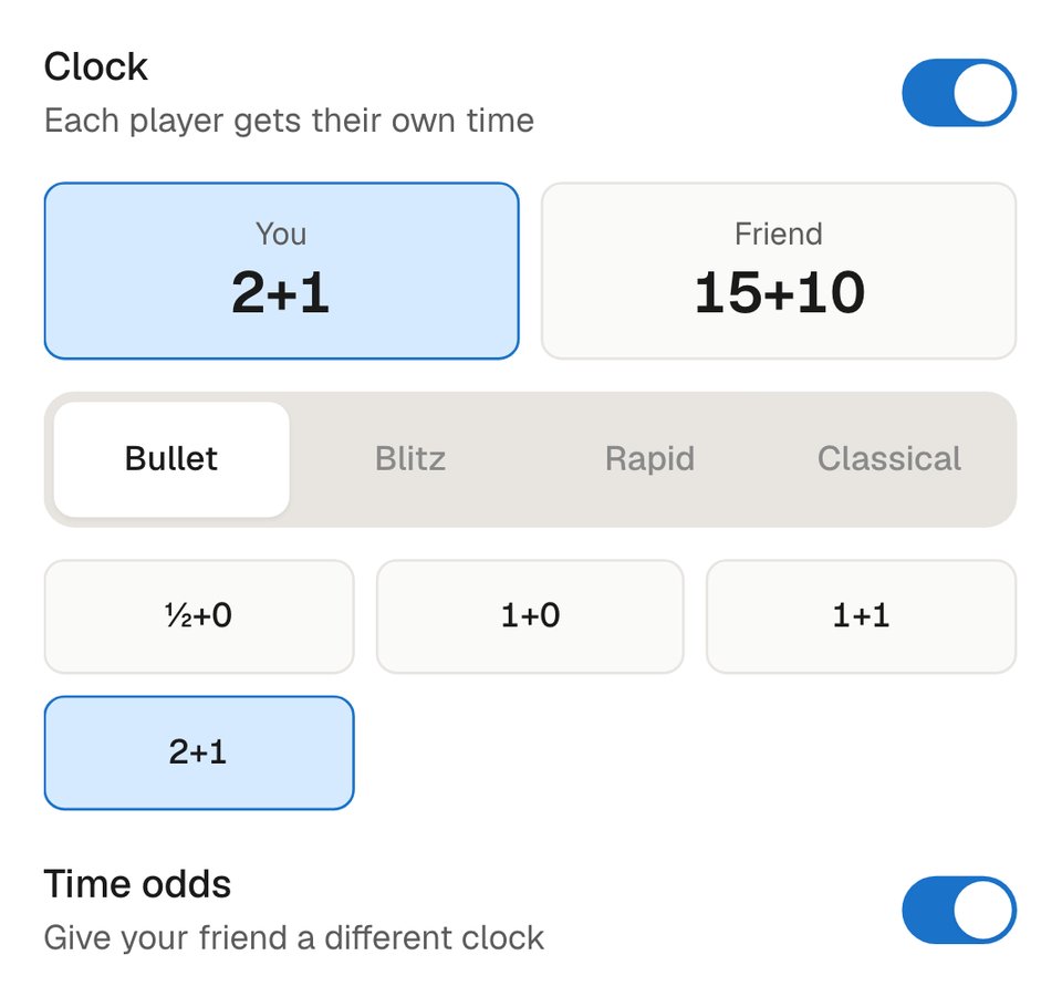 The friend game clock with time odds on: you 2+1, your friend 15+10